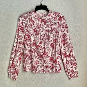 Lucky Brand Red Magenta White Floral Long sleeve Ruffled Casual Blouse Tops XS